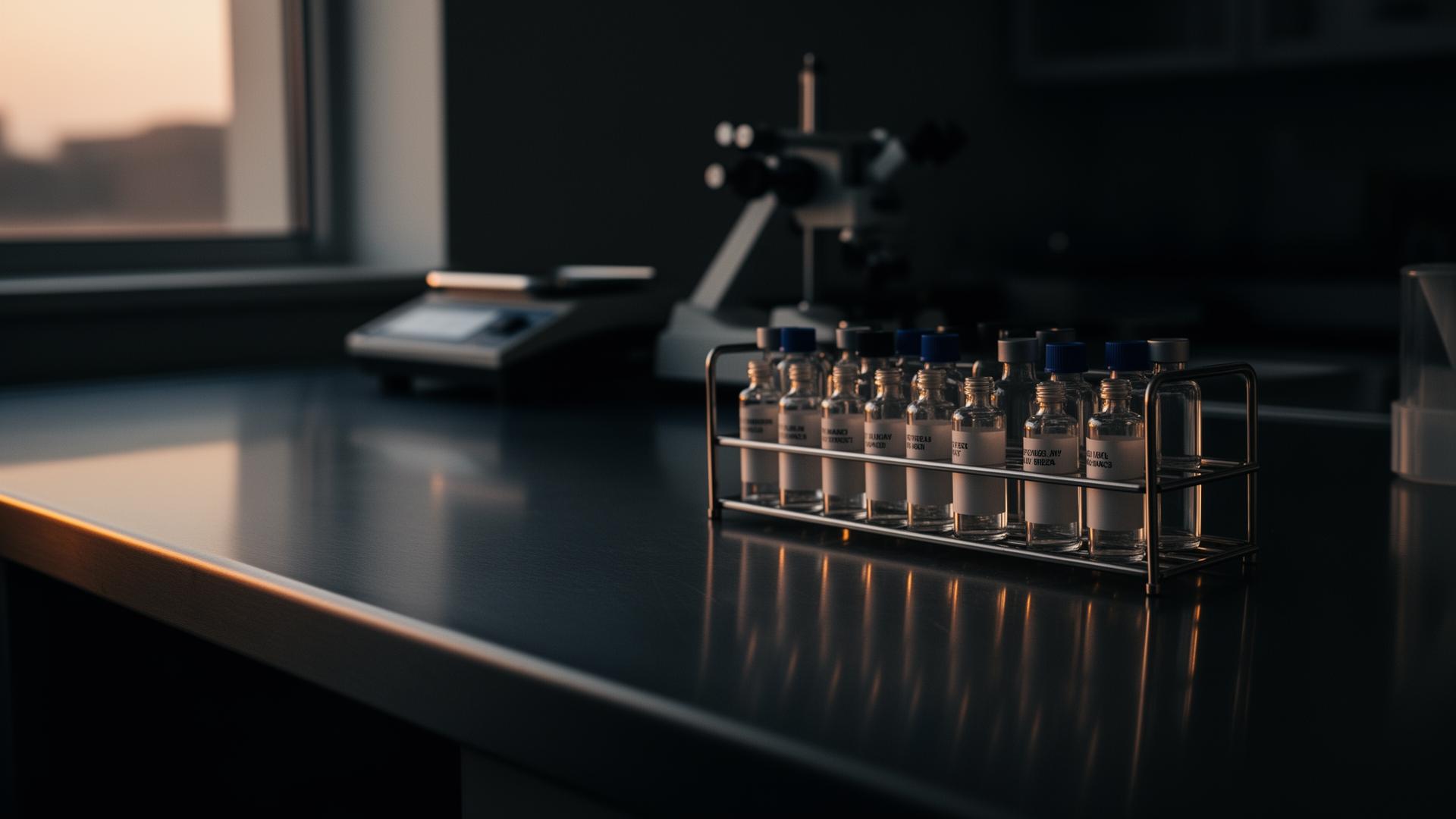 A quiet laboratory bench at dusk