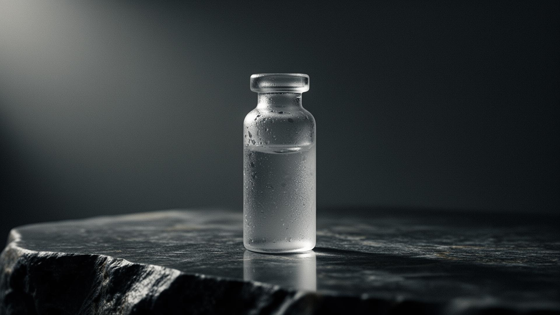 A single frosted vial on dark stone